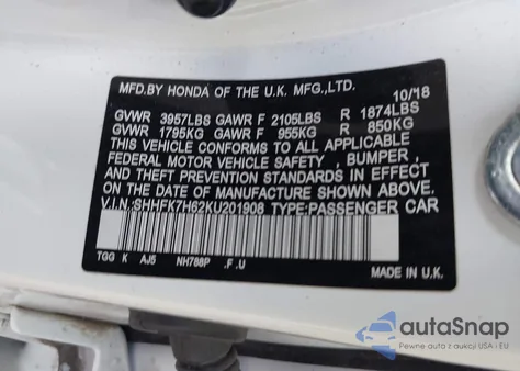 2019 Honda Civic Ex z USA, uszkodzony, nr VIN SHHFK7H62KU201908